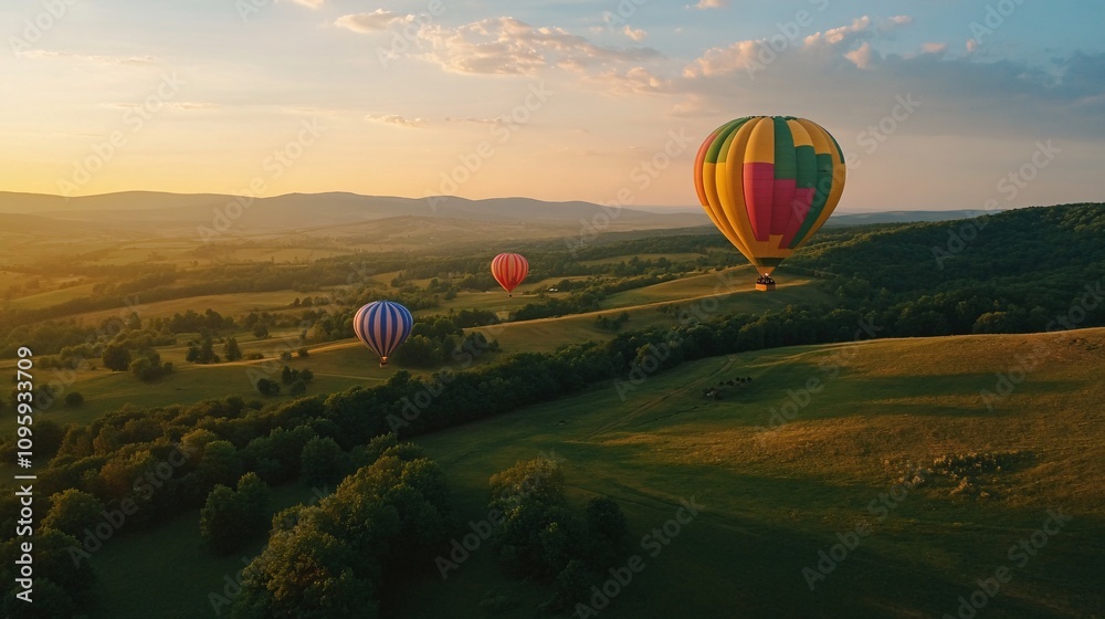 Obraz premium 25.Colorful hot air balloons flying over the green hills and trees at sunset. Rainbow colored balloons in the blue sky. Beautiful summer landscape: