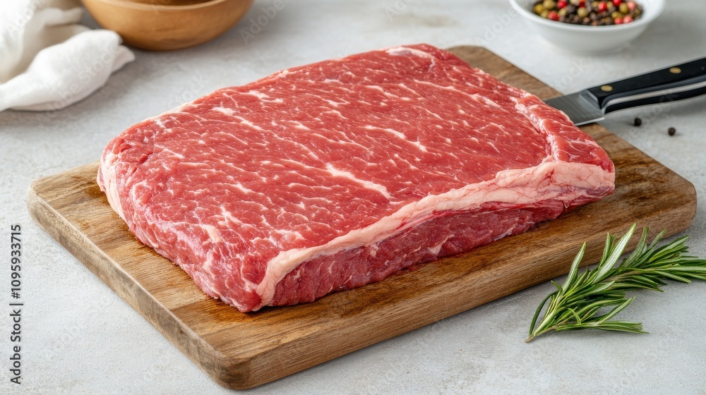 Fresh Meat Cuts on Chopping Board in Bright Kitchen Fresh Meat Cuts on Chopping Board in Bright Kitchen