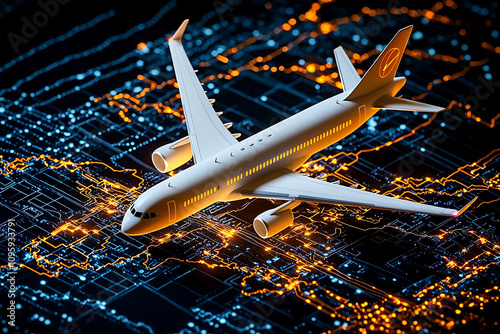 Aerial view of model airplane on digital city map, showcasing technology and travel. vibrant lights create dynamic atmosphere