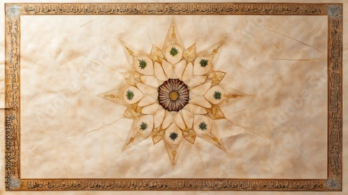 islamic calligraphy, rub el hizb depicted as an 8-pointed star with arabic script, geometric patterns, floral motifs, on a parchment-like background reminiscent of ancient manuscripts