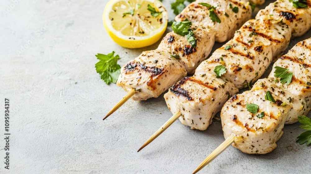 Grilled Chicken Kebabs with Lemon on Rustic Background Grilled Chicken Kebabs with Lemon on Rustic Background