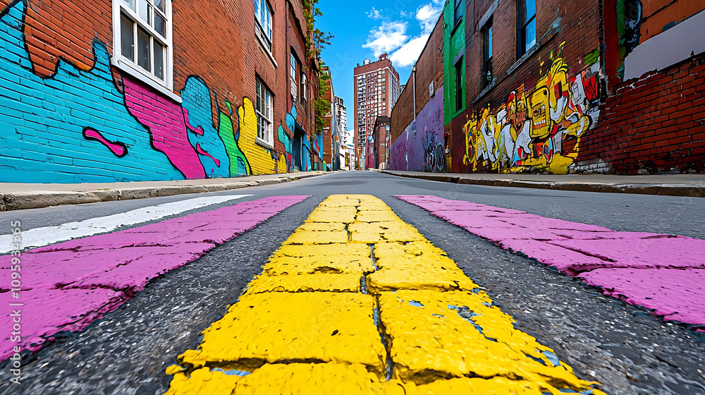 Fototapeta premium vibrant urban alley featuring colorful graffiti on brick walls, with striking yellow and pink striped road. scene captures essence of street art and city life