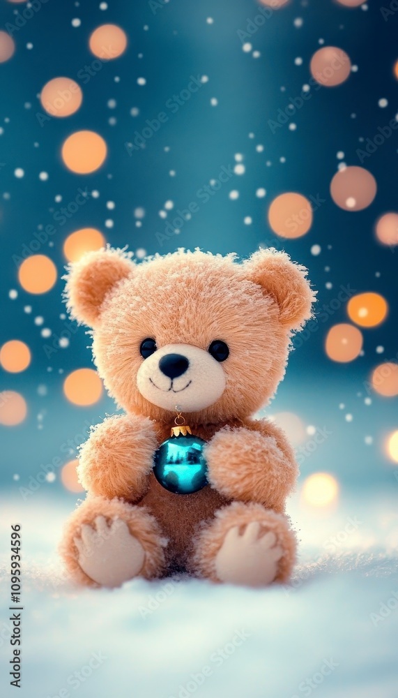 Cute teddy bear holding ornament in snowy scene. Cute teddy bear holding ornament in snowy scene.