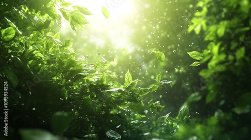 62.A lush green forest with vibrant foliage, emitting oxygen molecules that float upward, symbolizing the natural process of plants releasing oxygen into the atmosphere. Soft sunlight filters through