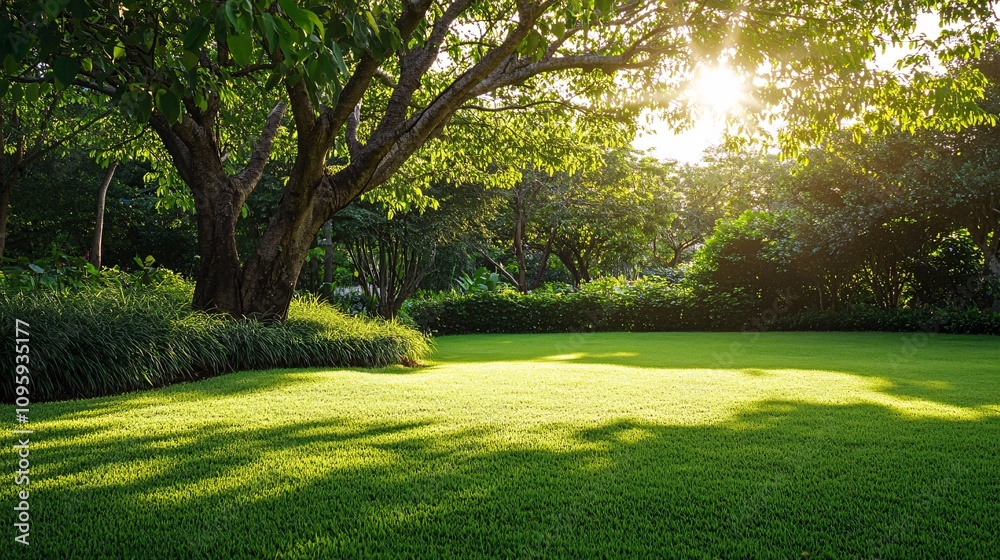 105.A peaceful garden scene featuring a large tree standing tall in the center of a well-maintained green lawn. Sunlight filters through the leaves, casting soft shadows on the grass, creating a 105.A peaceful garden scene featuring a large tree standing tall in the center of a well-maintained green lawn. Sunlight filters through the leaves, casting soft shadows on the grass, creating a