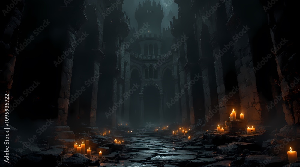 Castle dungeon, gothic setting with candles, dark and creepy background Castle dungeon, gothic setting with candles, dark and creepy background