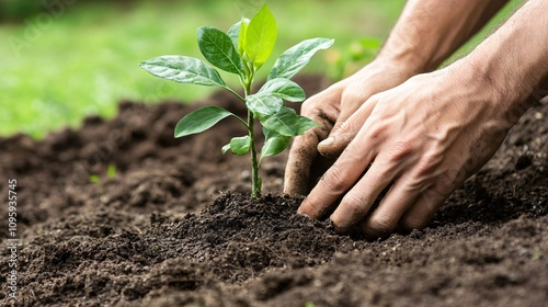 115.A sapling being planted into the earth by caring hands, with a focus on the small green leaves and freshly packed soil around the base. The background shows a green garden, symbolizing the growth photo