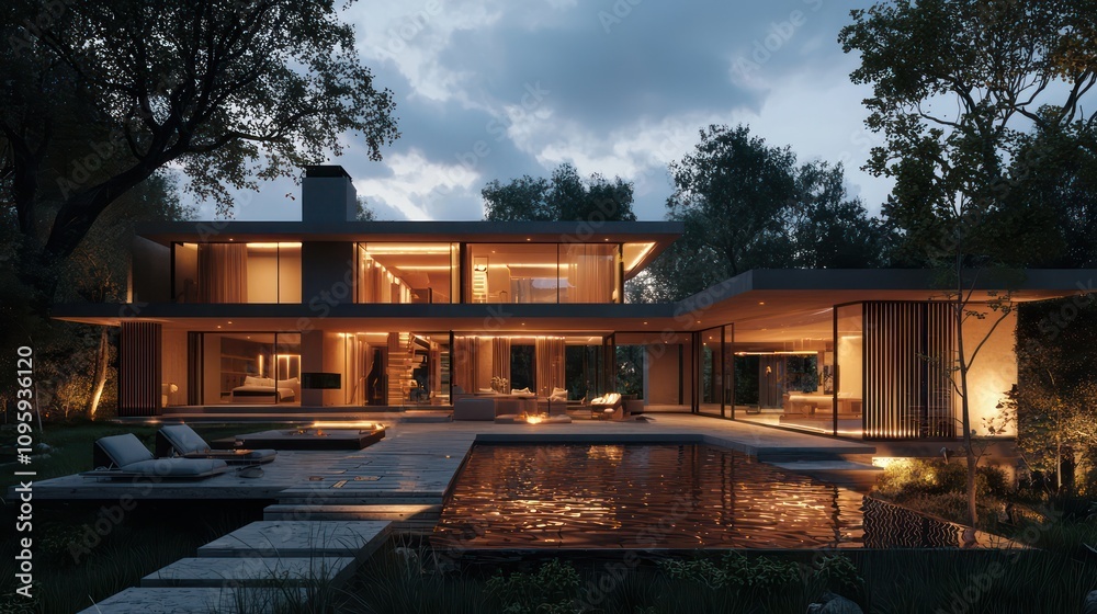 Villa glowing at dusk with soft lighting Villa glowing at dusk with soft lighting
