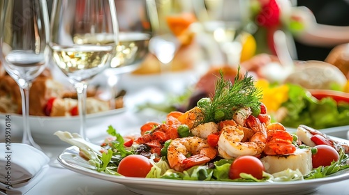 Delicious shrimp salad with cherry tomatoes, peas, and dill, served on a white plate at a banquet table with wine glasses.