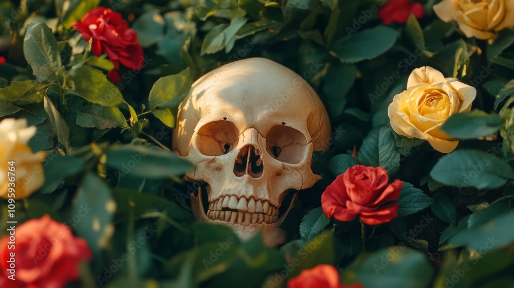 Skull nestled among vibrant roses in a lush garden during a serene afternoon Skull nestled among vibrant roses in a lush garden during a serene afternoon