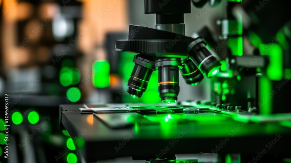 High-resolution image of beneficial bacteria cells, glowing green under a microscope, with a soft focus on the scientific instruments in the background High-resolution image of beneficial bacteria cells, glowing green under a microscope, with a soft focus on the scientific instruments in the background