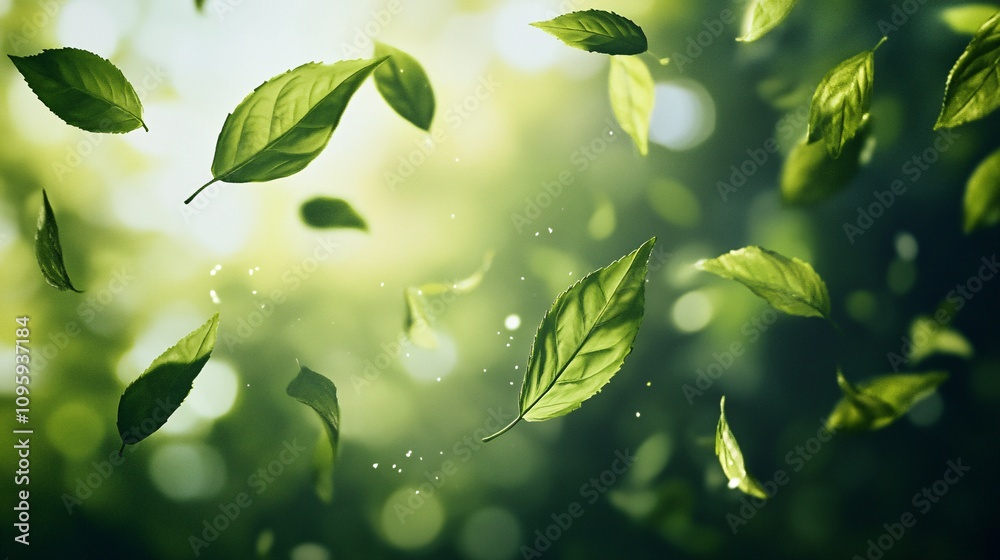 82.A close-up of vibrant green tea leaves flying through the air, caught in a gentle swirl. The illustration shows each leaf in stunning detail, symbolizing nature's vitality and the crisp freshness 82.A close-up of vibrant green tea leaves flying through the air, caught in a gentle swirl. The illustration shows each leaf in stunning detail, symbolizing nature's vitality and the crisp freshness