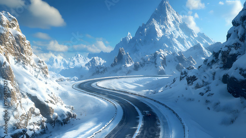 Hochalpiner Gebirgspass mit verschneiten Straßen und majestätischen Bergen