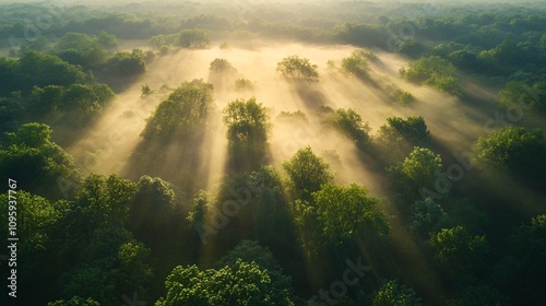 19.Aerial view of serene forest shrouded in fog at sunrise with light rays piercing through trees, Bakkeveen: photo