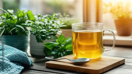 Warm Tea in Cozy Home Setting with Fresh Herbs