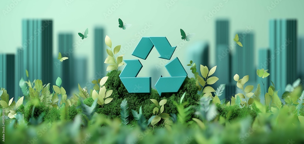 Naklejka premium Eco-Friendly Concept with Recycle Symbol and City Background
