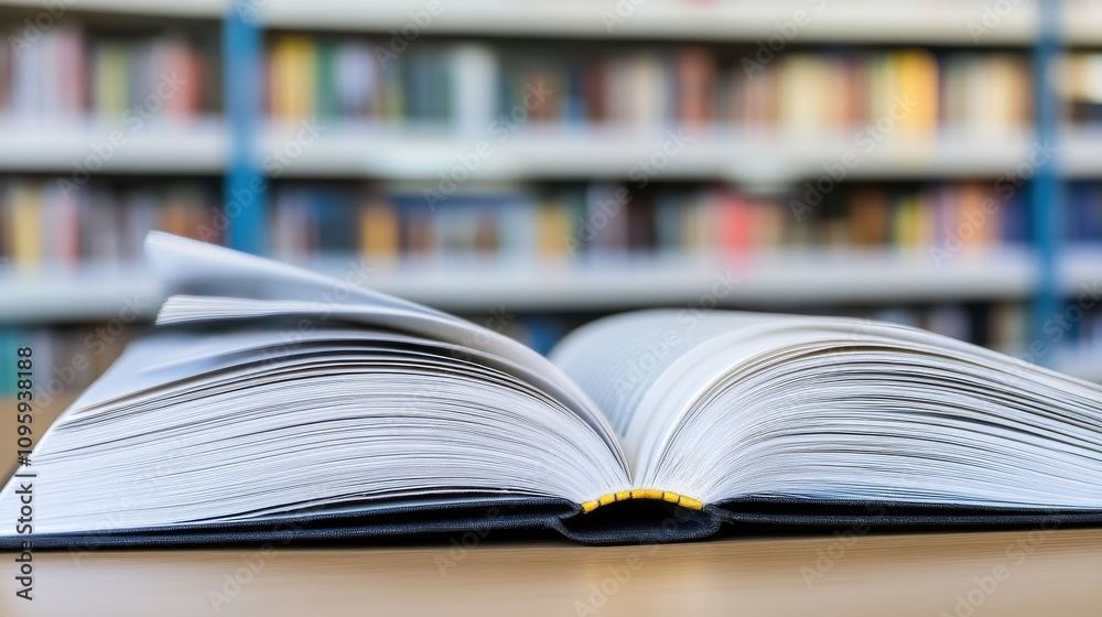 Open Book on Desk in Library with Natural Sunlight Open Book on Desk in Library with Natural Sunlight