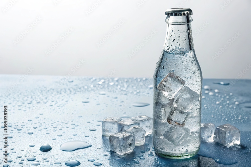 A few tiny water droplets in a glass bottle with ice cubes and water, beverage, glass bottle, hydration, chilled water, cold drink A few tiny water droplets in a glass bottle with ice cubes and water, beverage, glass bottle, hydration, chilled water, cold drink