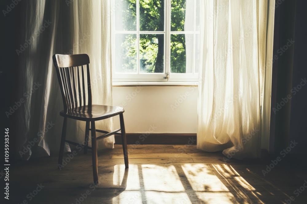 Fototapeta premium Wooden chair near sunlit window, sheer curtains.