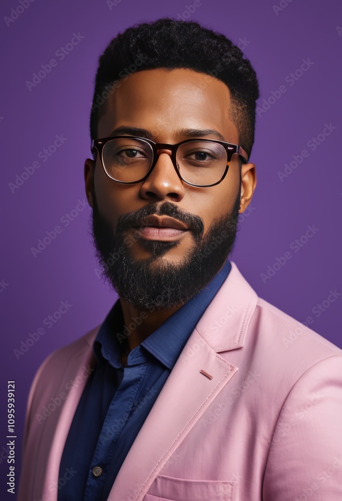 portrait of a stylish man, wearing glasses, pink blazer, dark blue shirt, confident expression, afro hairstyle, purple background, professional lighting, studio photography
portrait of a stylish man, wearing glasses, pink blazer, dark blue shirt, confident expression, afro hairstyle, purple background, professional lighting, studio photography