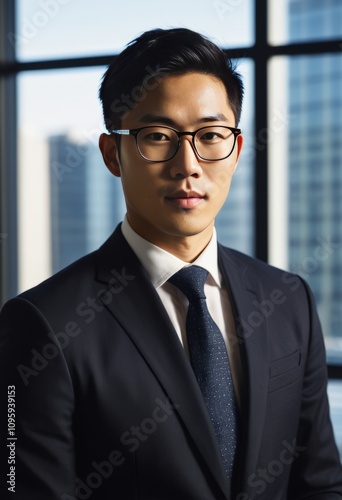 Young professional, sleek business suit, modern office setting, large windows, cityscape backdrop, confident demeanor, glasses, sharp focus, natural lighting, corporate environment. 