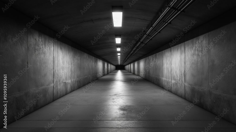 A dark and mysterious concrete tunnel with a single beam of light at the end. Perfect for creating a sense of isolation and intrigue. A dark and mysterious concrete tunnel with a single beam of light at the end. Perfect for creating a sense of isolation and intrigue.