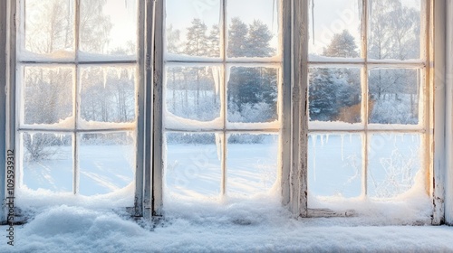 Frosty winter scene viewed through a snow-covered window with icicles.