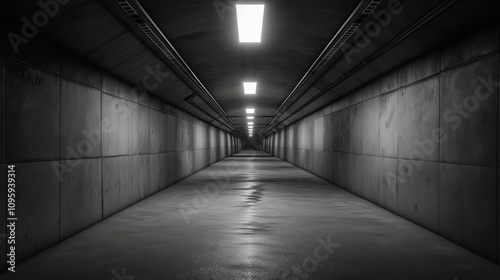 A dark and mysterious concrete tunnel with a single beam of light at the end. Perfect for creating a sense of isolation and intrigue.
