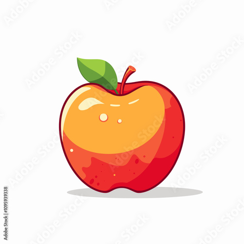 Bright and colorful vector design of a shiny red apple with a green leaf on a light background