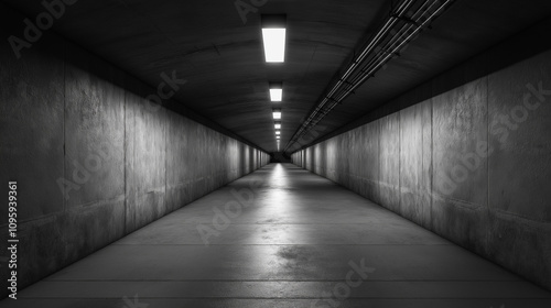 A dark and mysterious concrete tunnel with a single beam of light at the end. Perfect for creating a sense of isolation and intrigue.