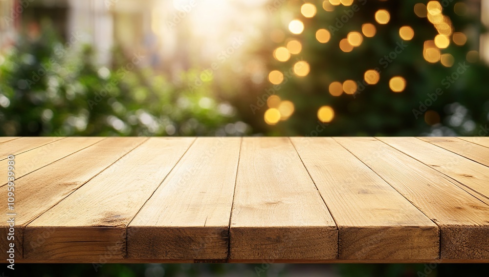 Wooden Tabletop with Blurred Festive Background Wooden Tabletop with Blurred Festive Background