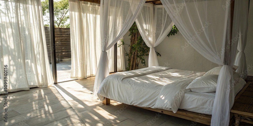 Cozy bed with a white sheet and sheer curtains filtering the sunlight casting dappled shadows on the floor, sunlight, white sheet, cozy bed Cozy bed with a white sheet and sheer curtains filtering the sunlight casting dappled shadows on the floor, sunlight, white sheet, cozy bed