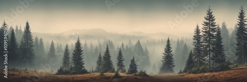 Misty landscape with fir forest in vintage retro style