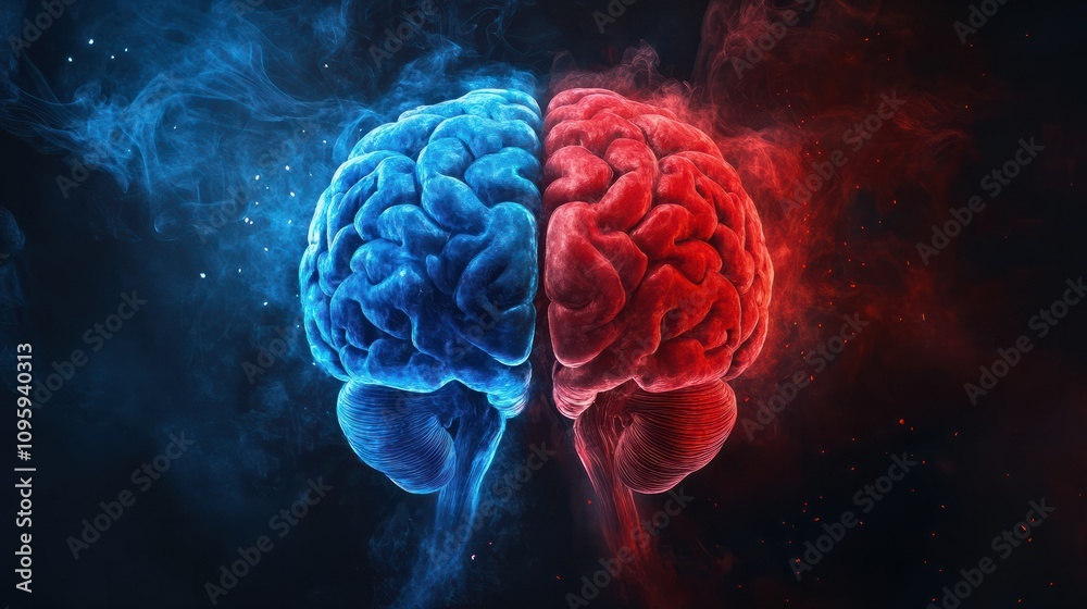 Blue and red brain halves with smoke Blue and red brain halves with smoke