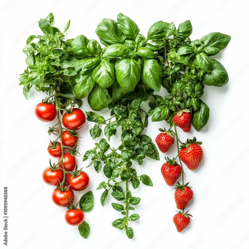 Here's a 10-word description of the image: Fresh basil, tomatoes, Here's a 10-word description of the image: Fresh basil, tomatoes,