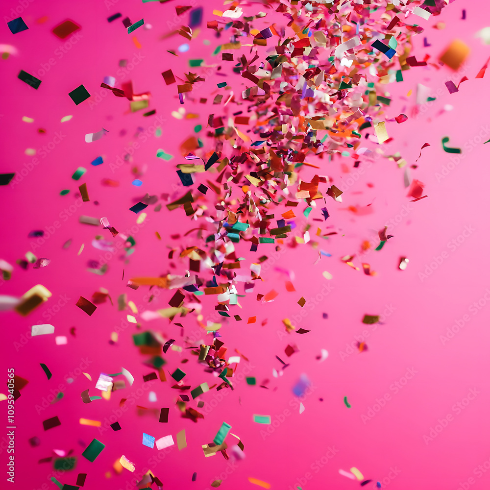 Celebration of color falling confetti on bright pink background abstract art studio playful vibe festive concept Celebration of color falling confetti on bright pink background abstract art studio playful vibe festive concept