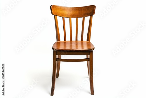 Wooden chair, simple design, slightly worn.