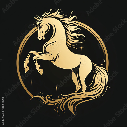 A striking golden silhouette of a rearing horse against a black background, perfect for equestrian logos, brand identities, or luxury products. photo