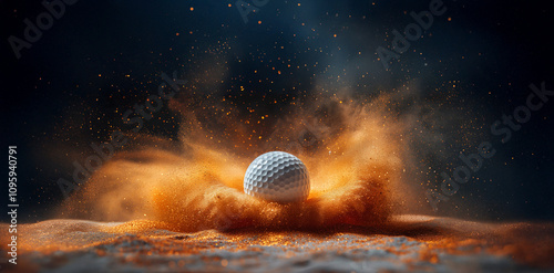A high-speed shot of a golf ball exploding out of a sand trap. Perfect for sports and action-themed projects.