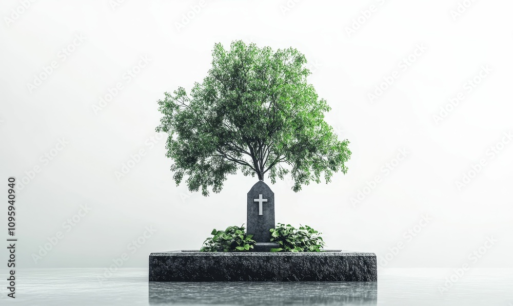 Fototapeta premium Here's a 10-word description: Serene gravesite, tree, cross, plants, minimalist,