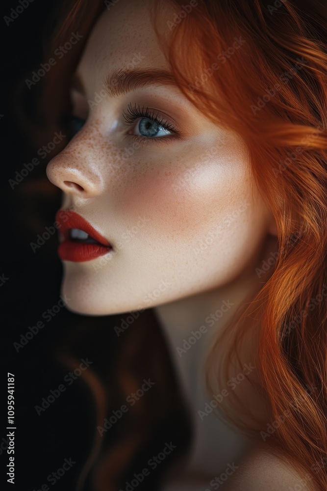 A young woman with red hair and freckles looking to the side. A young woman with red hair and freckles looking to the side.