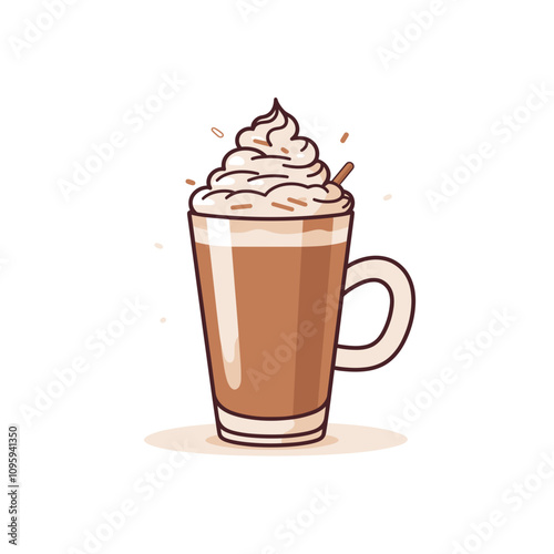 Delicious vector design of whipped cream topped coffee beverage in a clear glass cup with a straw