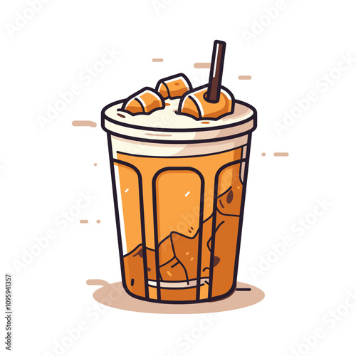 Refreshing iced drink with cream and ice cubes presented in a fun vector design style