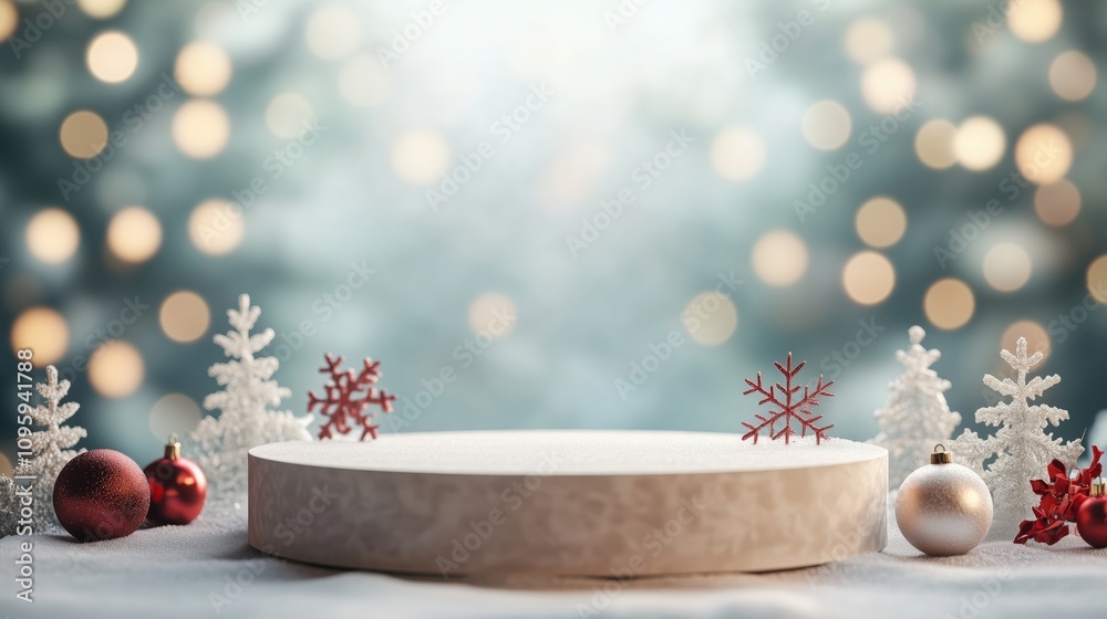 A podium with a backdrop of winter snowflakes, surrounded by Christmas decorations, and with room for marketing. A podium with a backdrop of winter snowflakes, surrounded by Christmas decorations, and with room for marketing.