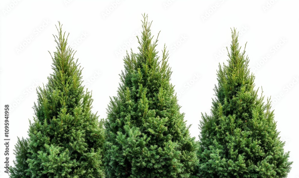 Three lush green evergreen trees. Three lush green evergreen trees.