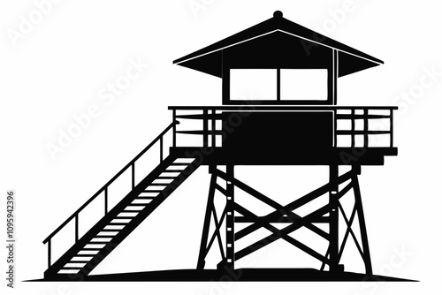 Lifeguard tower Silhouette vector, Safeguard tower black on a white background,Watchtower, Observation tower, Military camp tower | vector silhouette illustration on white background,camping tower.