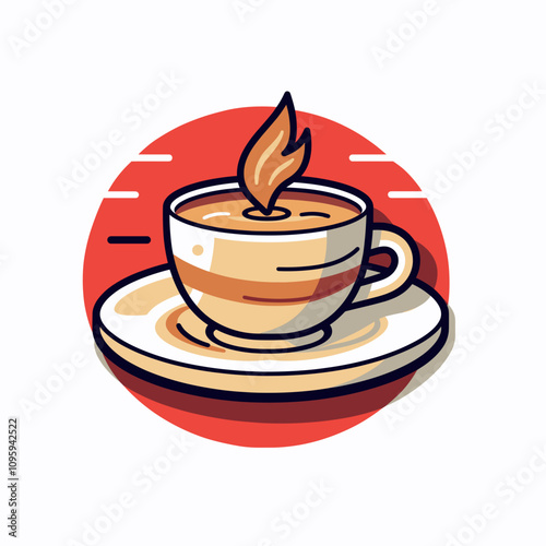 Vector art illustration of a steaming cup of coffee on a plate in warm colors