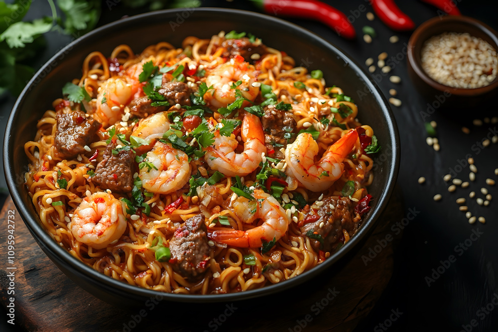 A bowl of noodles with delicious and yummy looks A bowl of noodles with delicious and yummy looks
