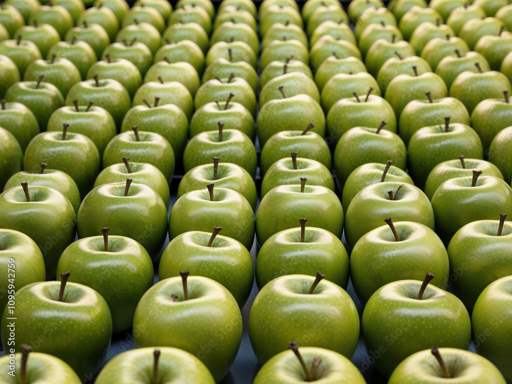 Obraz premium A horizontal shot of a large group of green apples neatly arranged in a row, resembling a display in a supermarket.