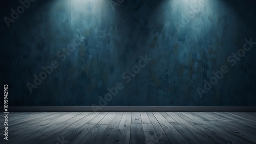 abstract blue background for product presentation with sunlight and wooden floor 